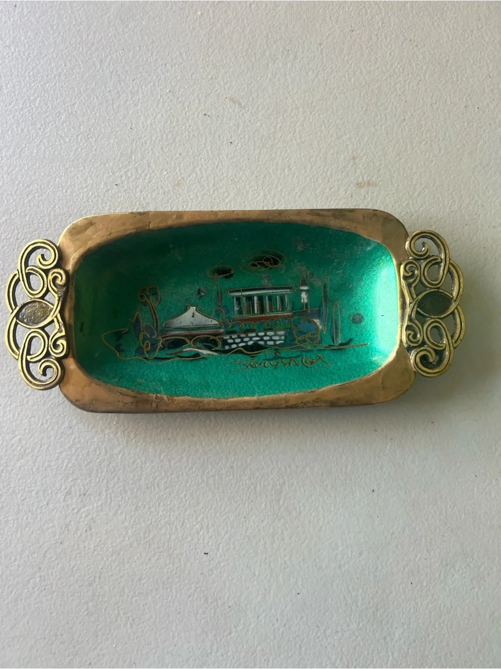 Vtg Mid Century Israel Brass Trinket Dish Green Enamel Jerusalem Souvenir Tray